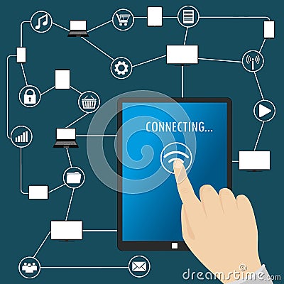 Hand touches the screen tablet pc Vector Illustration