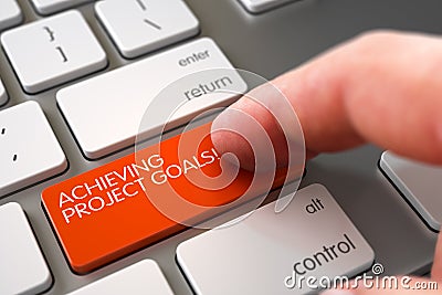 Hand Touching Achieving Project Goals Key. 3D. Stock Photo