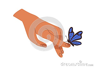 Hand touching beautiful butterfly. Winged flying insect sitting on human finger, arm. Unity, harmony with nature Vector Illustration