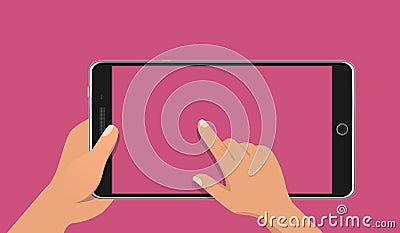 Hand touching blank screen of realistic smart phone . Using digital tablet pc, flat design concept. Eps 10 vector Vector Illustration
