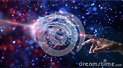 Hand touching brain and network connection on glitter Stock Photo