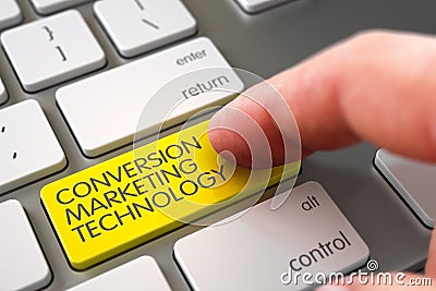 Hand Touching Conversion Marketing Technology Key. 3D. Stock Photo