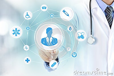 Hand touching doctor icon on virtual screen Stock Photo
