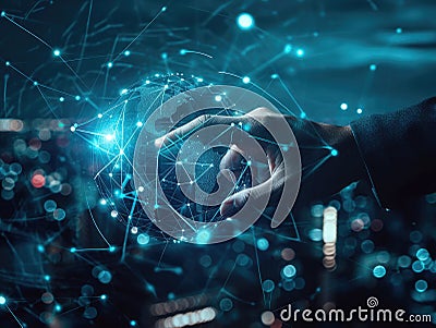 hand touching global network and data exchanges over the world 3D rendering, network city background. Internet concept. Stock Photo