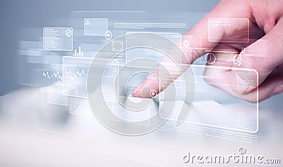 Hand touching keyboard with high tech buttons Stock Photo