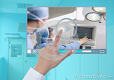 Hand touching Medical Operation Video Player App Interface Stock Photo