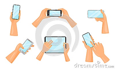 Hand Touching Modern Digital Devices Collection, Human Hands Holding Tablet and Smartphone Vector Illustration Vector Illustration