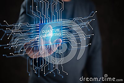 Hand Touching Quantum Technology AI Artificial Intelligence, Digital Development, Computers and Internet, Modern Future Network Stock Photo