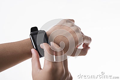 Hand touching screen smart watch technology gadget communication Stock Photo