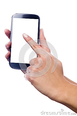 Hand touching the screen of a smartphone Stock Photo