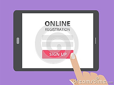 Hand touching screen of tablet computer with online registration form and sign up button. Vector Illustration