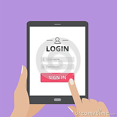 Hand touching the screen of tablet computer with user login form page and sign in button. Vector Illustration