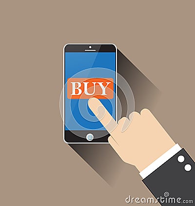 Hand Touching Smart Phone With Buy Button vector Vector Illustration