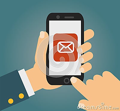 Hand touching smart phone with Email symbol on the screen. Using smartphone similar to iphone, flat design concept Vector Illustration