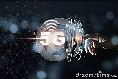 Hand touching to 5G wireless network telecommunication and mobile internet signal. Internet of thing IOT high speed and change the Stock Photo