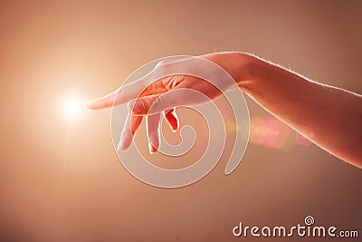 Hand Touching Virtual Screen Stock Photo