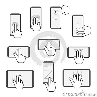 Hand Touchscreen Gestures Device Icon Set. Vector Vector Illustration