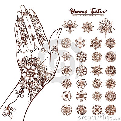 Hand with traditional indian henna tattoo elements. Vector Illustration