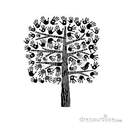 Hand tree illustration in black and white Vector Illustration