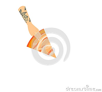 Hand with tribal tattoos holding pizza slice. Inked arm grabbing fast food, snack time concept. Casual dining and tattoo Vector Illustration