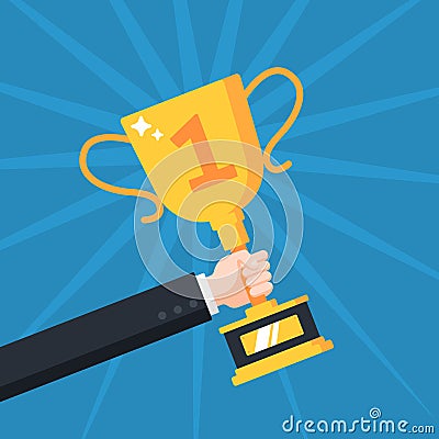 Hand with trophy cup. Successful businessman holding golden cup award in hand, competition winner prize, champion trophy Vector Illustration