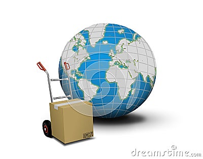 Hand truck with box and globe Stock Photo