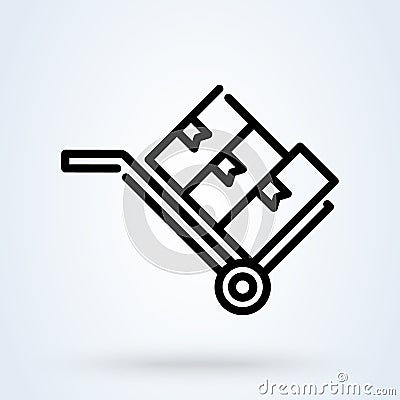 Hand truck linear style. Truck with boxes and Trolley line icon. vector Illustration Truck with boxes Vector Illustration