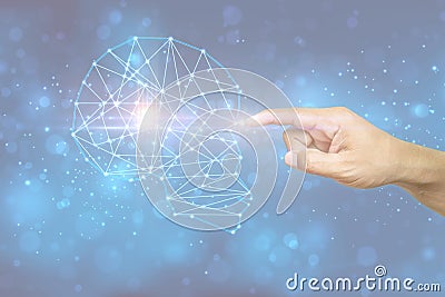 Hand tuch smart brain and network connection on glitter bright lights and colorful background,Futuristic human brain interface Stock Photo