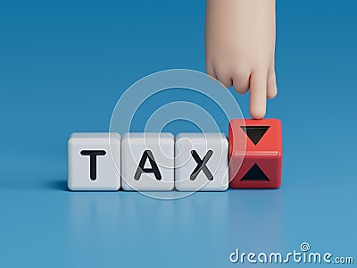 Hand is turning a dice and changes the direction of an arrow symbolizing that the Tax rate goes up (or down). Stock Photo