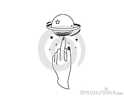 Hand twists galaxy space at the finger. Vector illustration in simple flat line style Vector Illustration