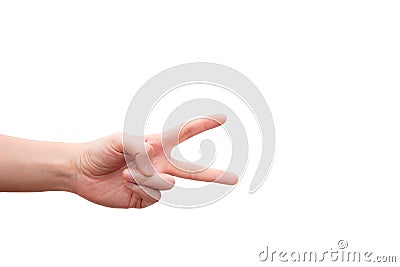 Hand with two fingers up in the peace or victory symbol. Also the sign for the letter V in sign language isolated on white backgro Stock Photo