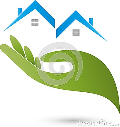 Hand and two houses, roofs, real estate and house care logo Stock Photo