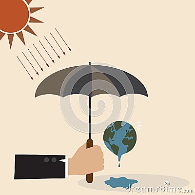 Hand with umbrella protect the Earth from sunray Vector Illustration