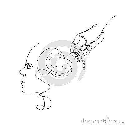 He hand unravels the tangled lines in the brain. Psychotherapy, psychology. Vector Illustration