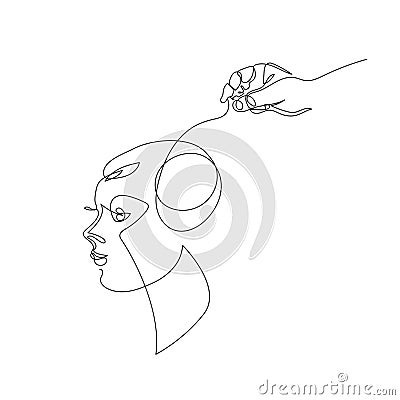 he hand unravels the tangled lines in the brain. Psychotherapy, psychology. Vector Illustration