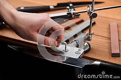 Hand unscrewing and loosening the machine after fine sharpening a Japanese knife Stock Photo