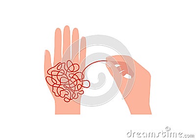 Hand untangle clutter, creative thinking, continuous tangle line. Disorder, chaos decrypt in order, mental balance Vector Illustration