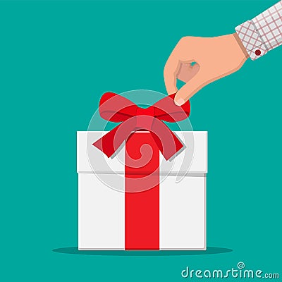 Hand unties ribbon bow on white gift box. Vector Illustration