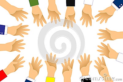 Hand up around group for vote or volunteer on white background. Graphic hand up Stock Photo