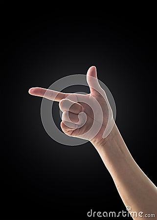 Hand up with pointing finger with rim light isolated on black background clipping path Stock Photo