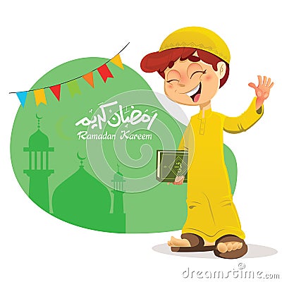 Hand Up Young Muslim Boy Holding Quran Book Vector Illustration