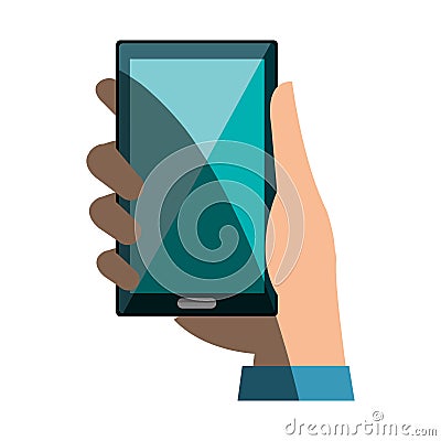 Hand user with smartphone device isolated icon Vector Illustration