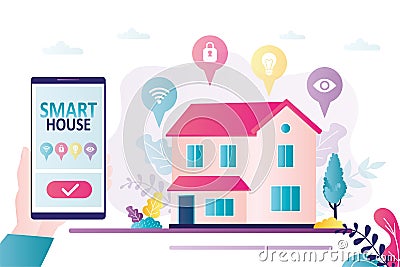 Hand uses mobile phone with smart home app. Various web icons. Smart house. Remote control Vector Illustration