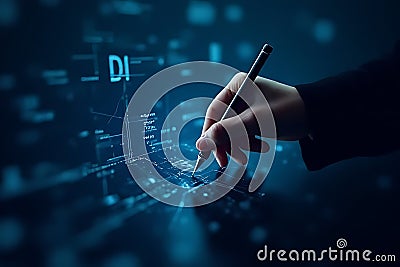 A hand uses a pen to interact with a digital data interface Stock Photo