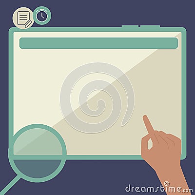 Illustration Of A Hand Using Big Tablet Searching Plans For New Amazing Ideas. Palm Drawing Holding Large Pad Finding Old Stock Photo