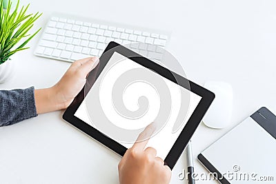 Hand using digital tablet finger touch blank screen Stock Photo