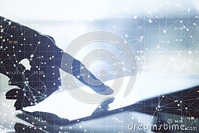 Hand using digital tablet with glowing point business chart Stock Photo