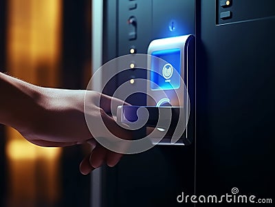 Hand using fingerprint, scan for smart digital door locker, ai generated Stock Photo
