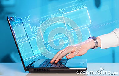 Hand using laptop information database concept Stock Photo