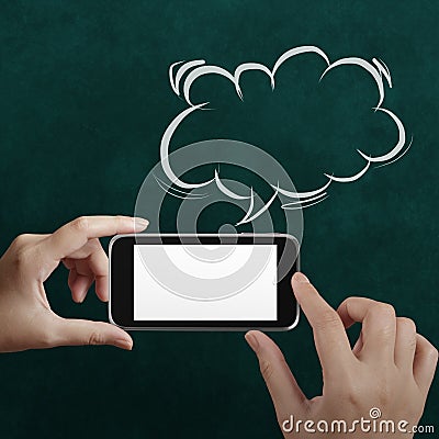 Hand using mobile phone with speech bubble Stock Photo